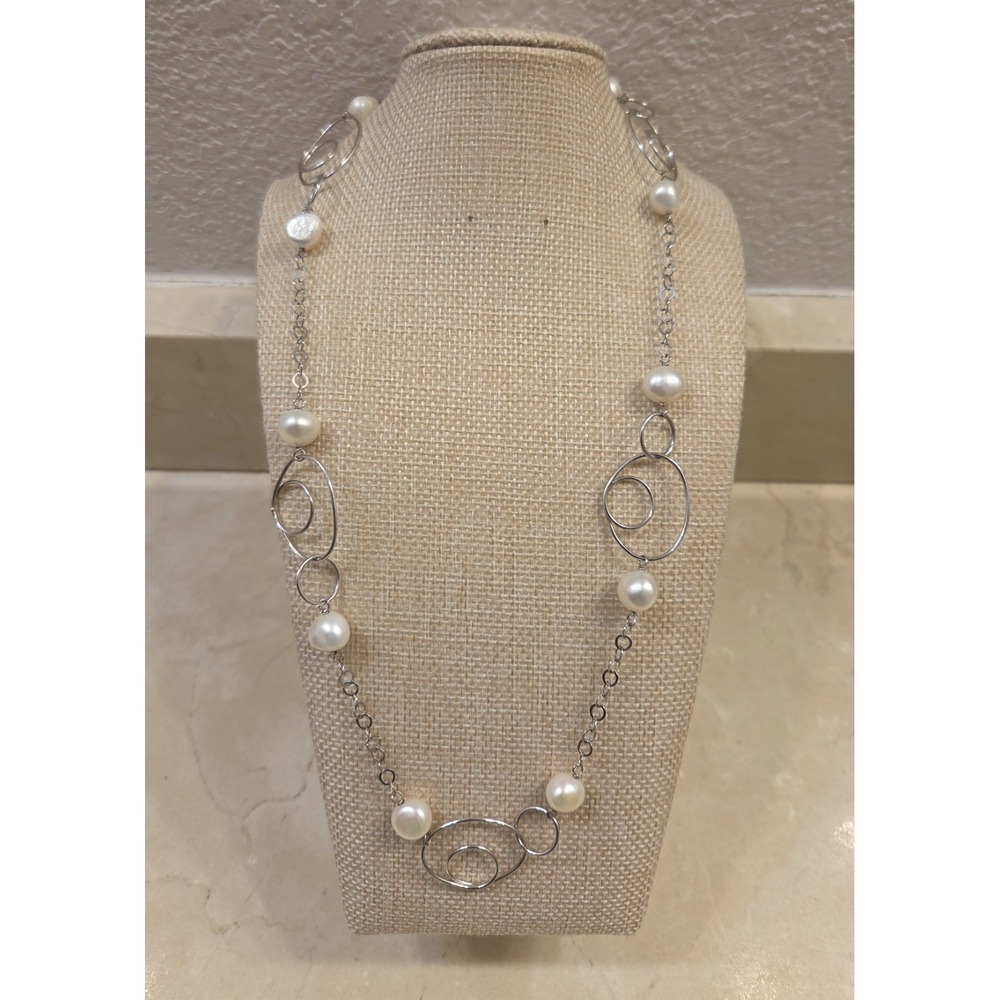 Unique Sterling‎ Silver Loops & Pearls Necklace 22"-24" Chunky Style